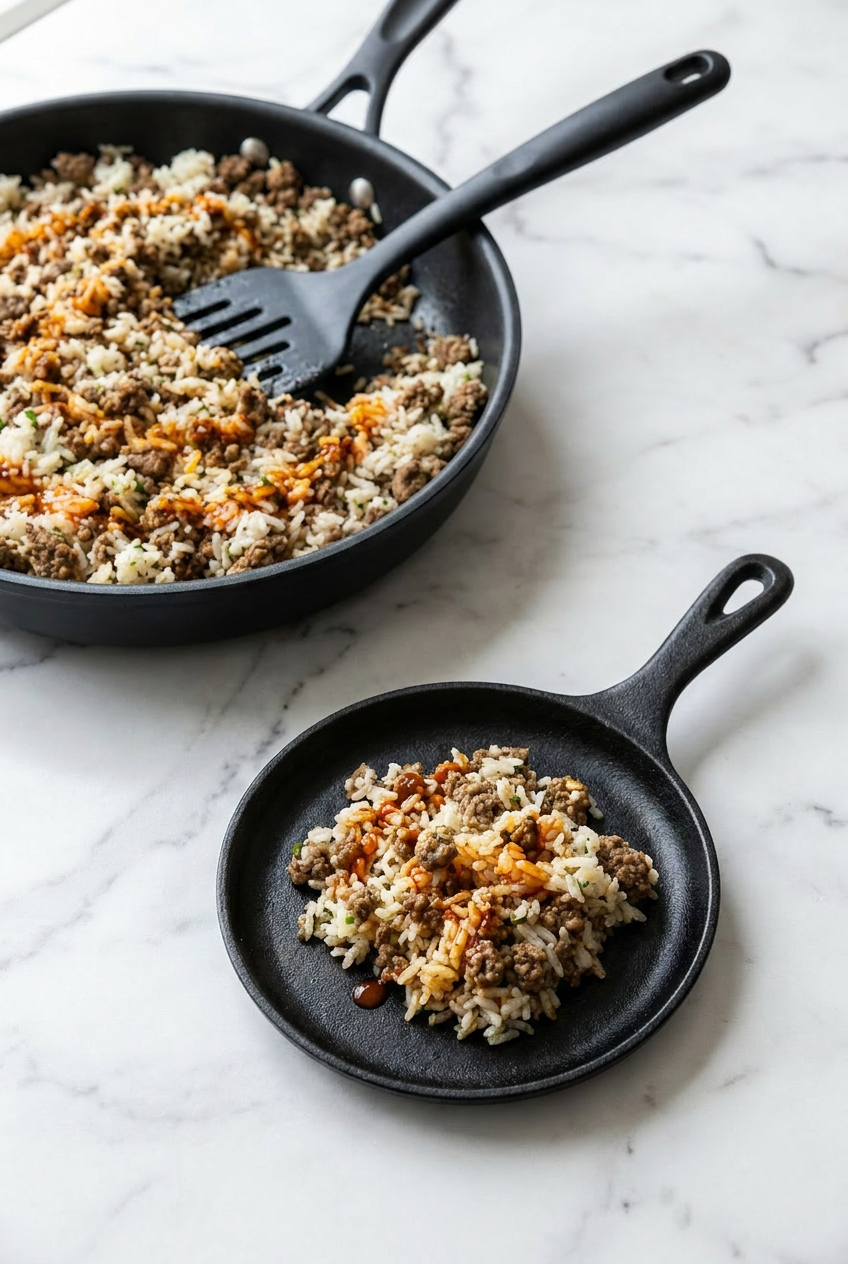 The ground beef and rice skillet portioned into a glass meal prep container, ready for storage in the refrigerator.
