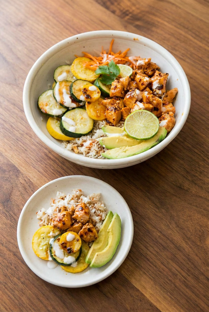 Three glass meal prep containers filled with portions of hot honey chicken, rice, and cooked zucchini, ready for storage.