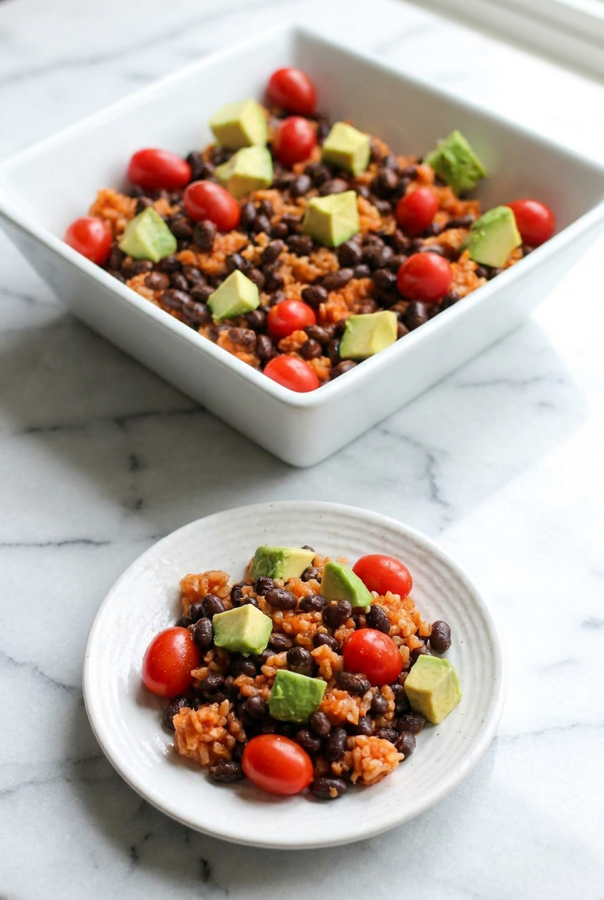 A glass meal prep container is filled with layers of rice, sautéed black beans, and corn, with pico de gallo and avocado crema in separate sections.