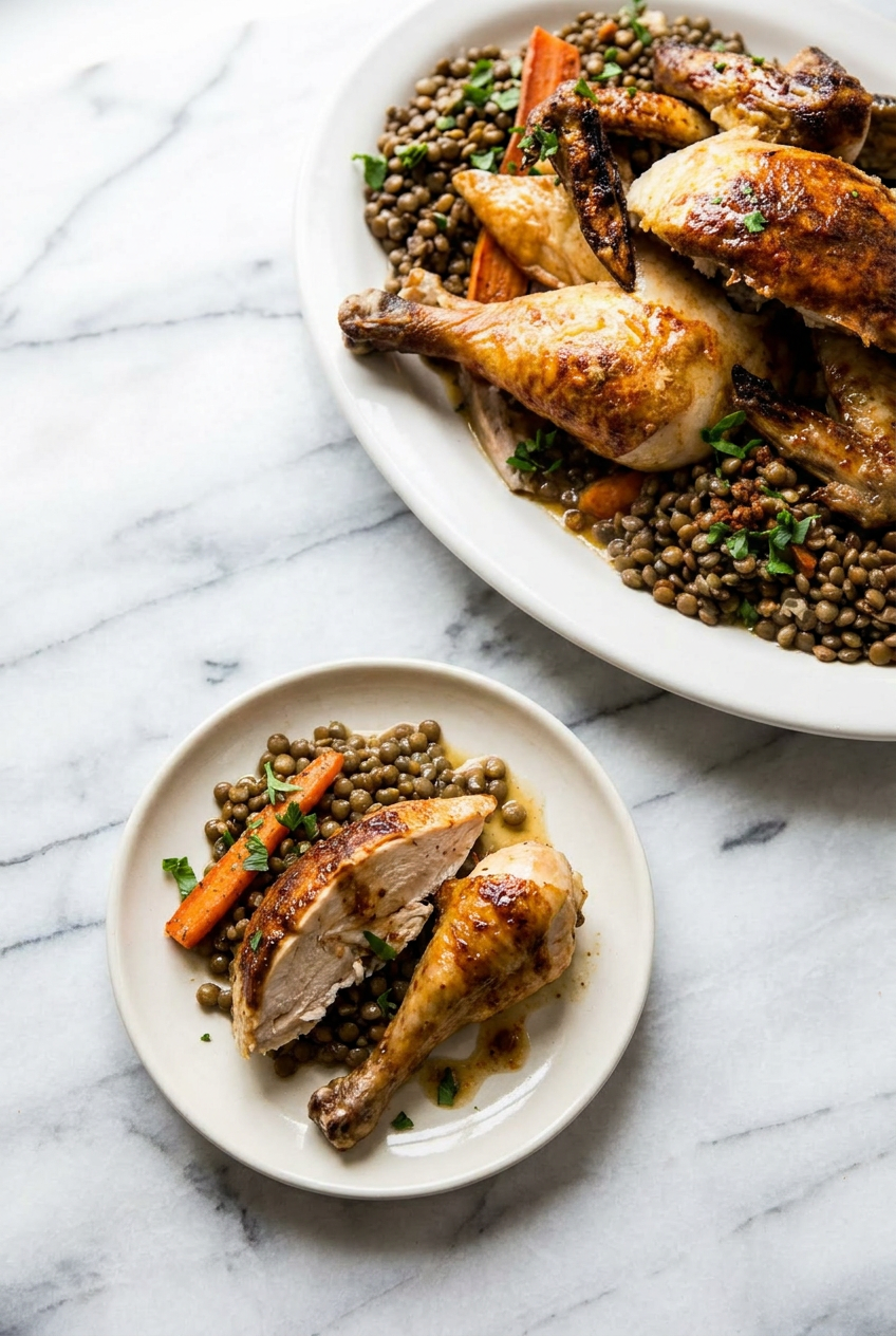 The finished roast chicken and lentil salad portioned into glass meal prep containers, ready for storage.