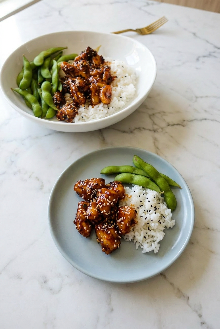 High protein mongolian chicken portioned into glass meal prep containers with steamed broccoli and rice for a healthy lunch.