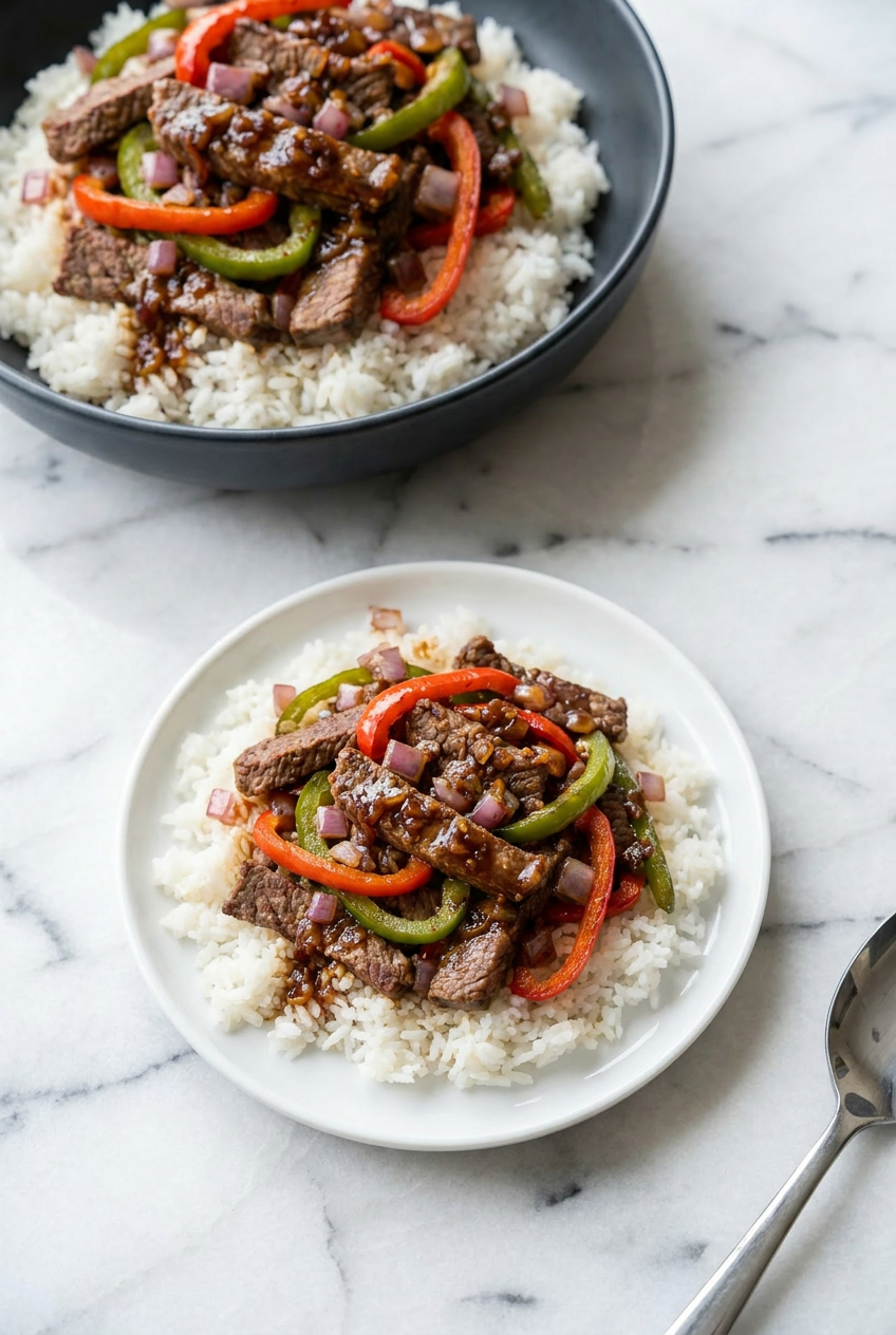 Three high protein beef and pepper rice bowls portioned into clear meal prep containers, ready for convenient storage and future enjoyment.