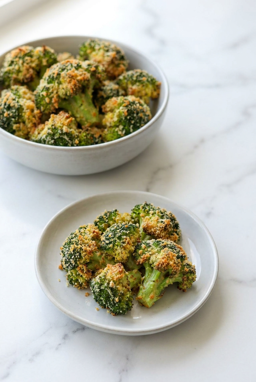 Air-fried broccoli florets stored in a clear meal prep container, ready for healthy high protein meals throughout the week.