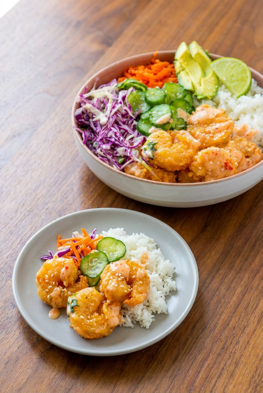 Two meal prep containers with components for bang bang shrimp rice bowls, including jasmine rice, coleslaw, avocado slices, and crispy fried shrimp.