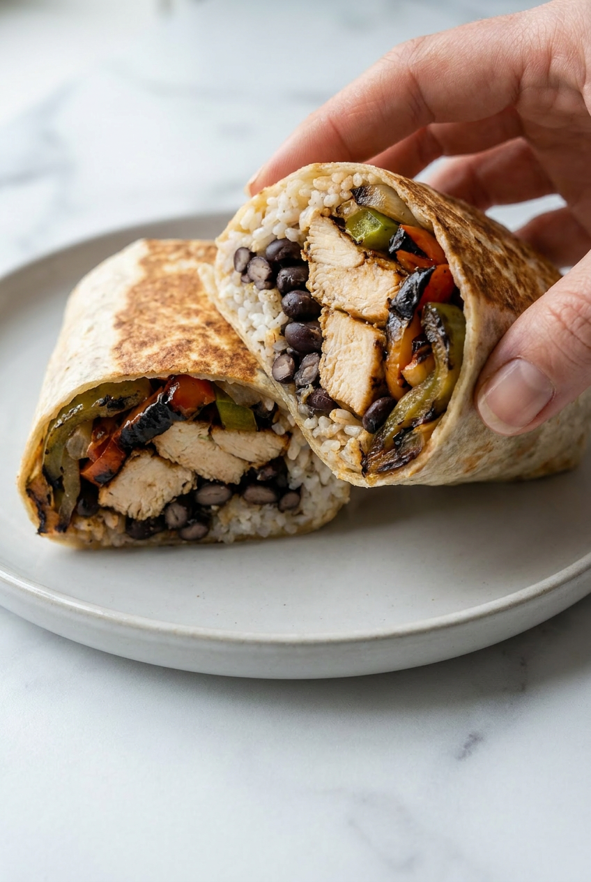 A close-up of the burrito filling in a glass bowl, with shredded chicken, black beans, corn, and diced charred bell peppers being mixed together.