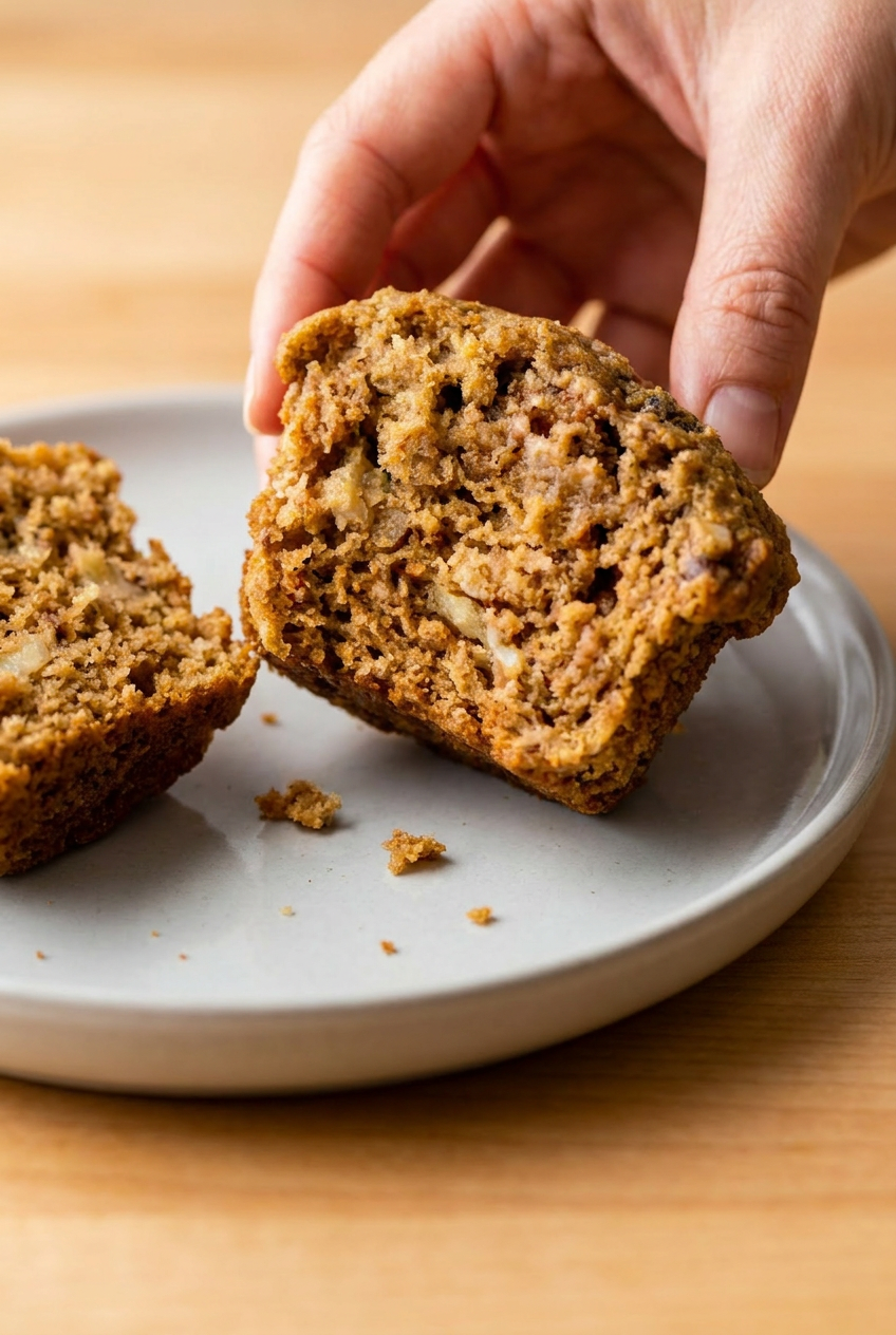 A close-up of a banana muffin split in half, revealing a very soft and moist interior crumb studded with banana.