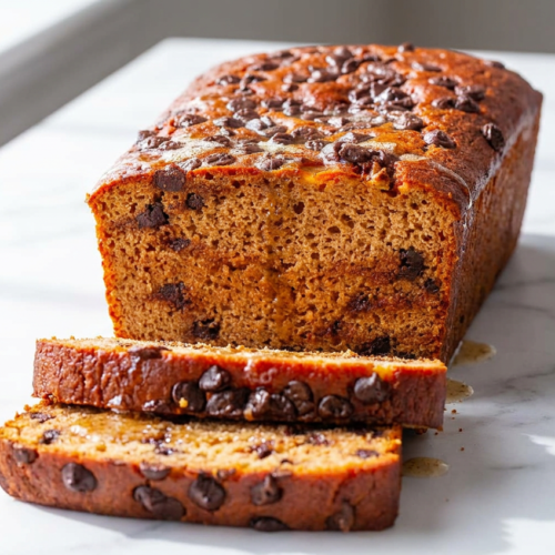 A thick, moist slice of protein banana bread cut from a loaf, showcasing a tender crumb for one of many protein banana recipes.
