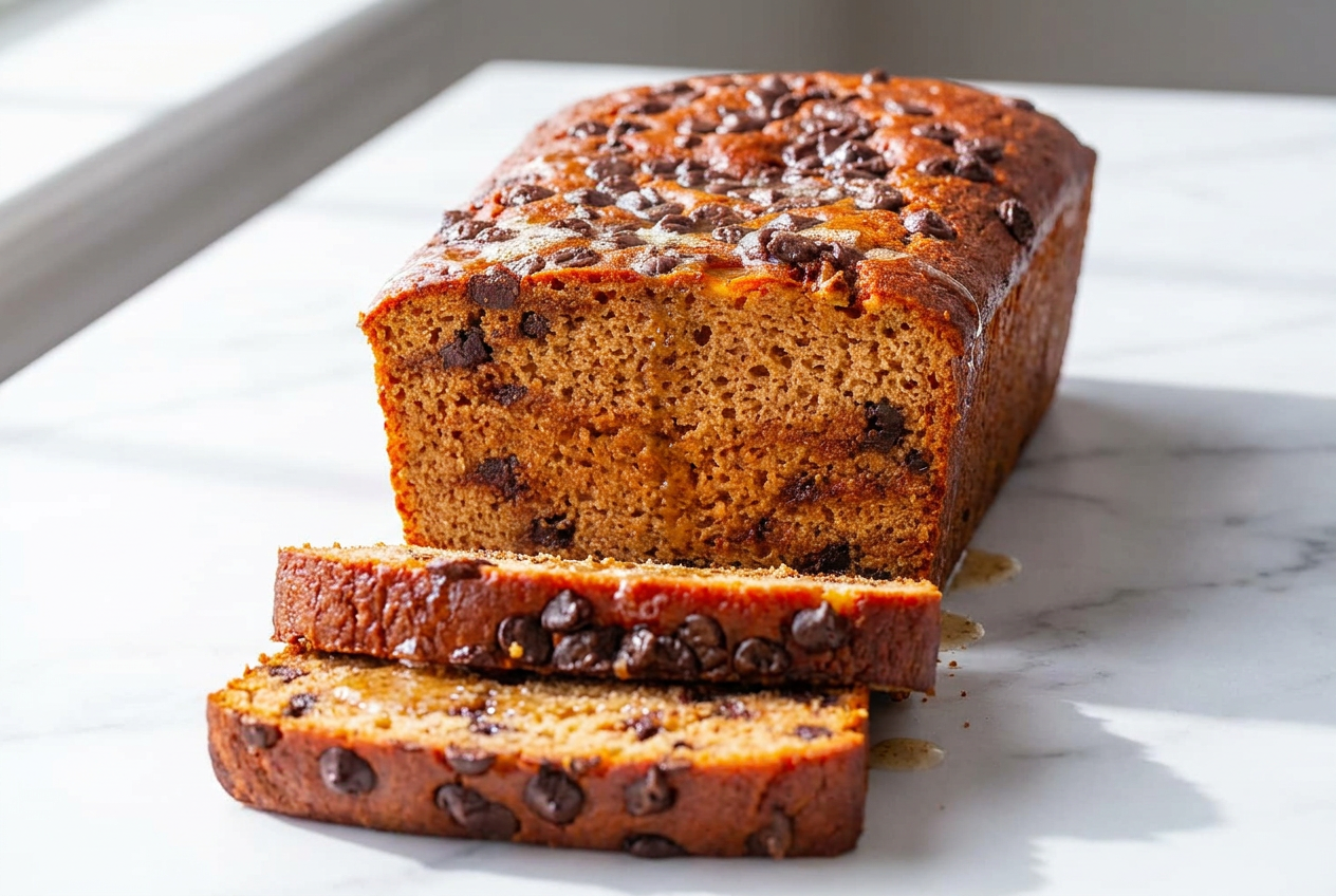 A thick, moist slice of protein banana bread cut from a loaf, showcasing a tender crumb for one of many protein banana recipes.