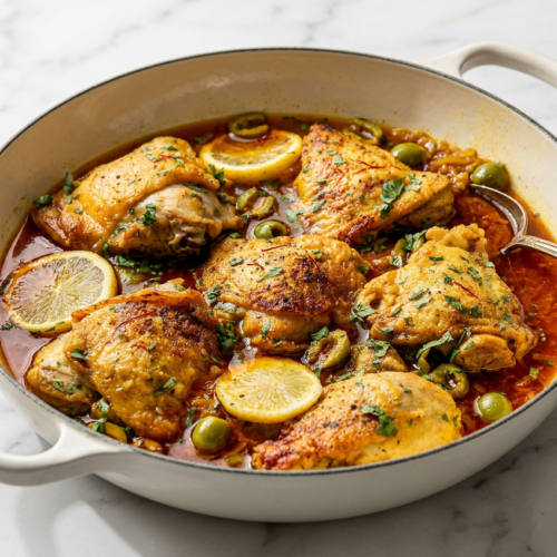 A Dutch oven filled with moroccan braised chicken with olives, showing tender chicken thighs in a golden saffron sauce with preserved lemons and fresh cilantro.