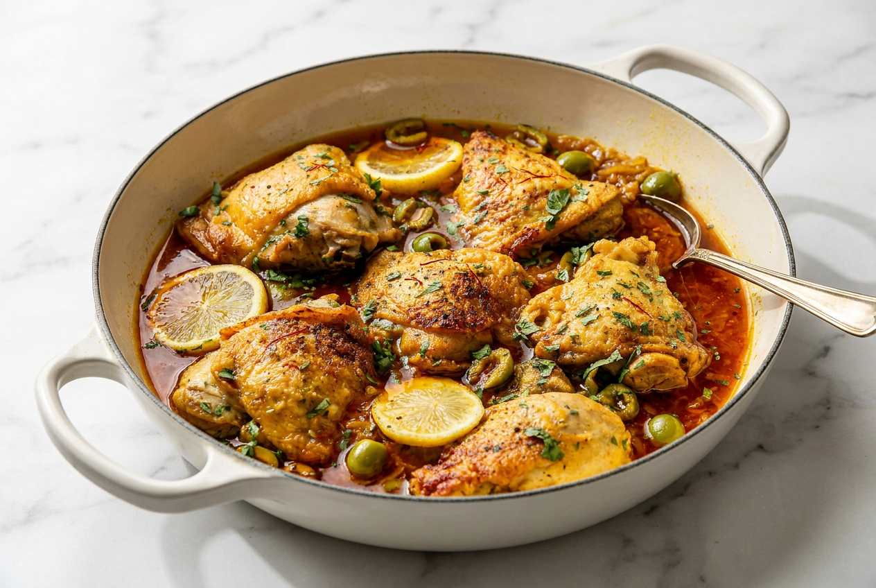 A Dutch oven filled with moroccan braised chicken with olives, showing tender chicken thighs in a golden saffron sauce with preserved lemons and fresh cilantro.
