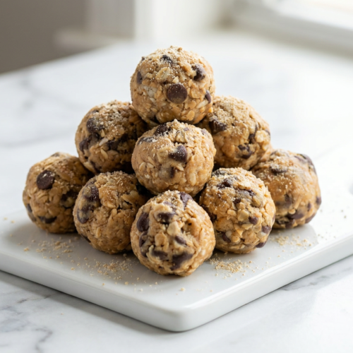 A small mound of round no bake peanut butter energy bites, speckled with mini chocolate chips, on a simple light background.