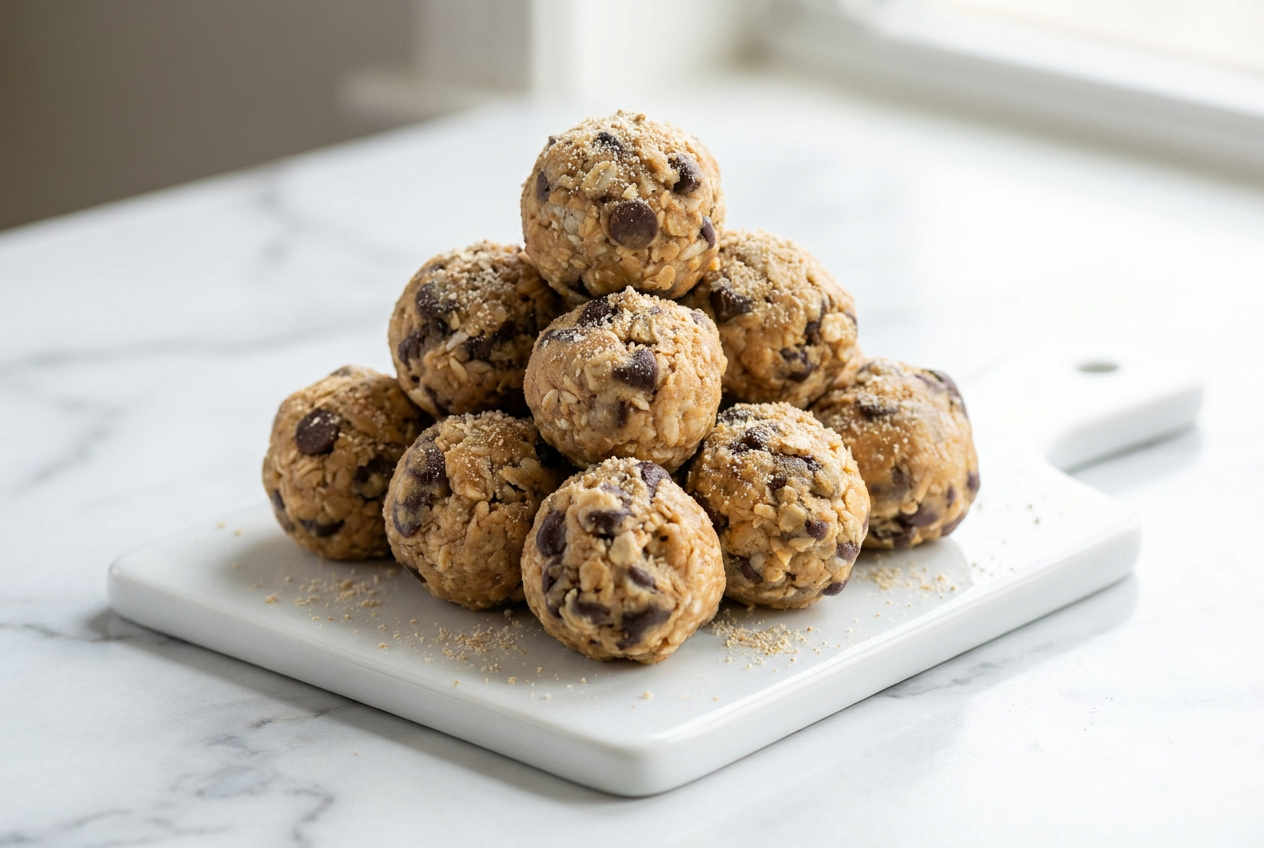 A small mound of round no bake peanut butter energy bites, speckled with mini chocolate chips, on a simple light background.