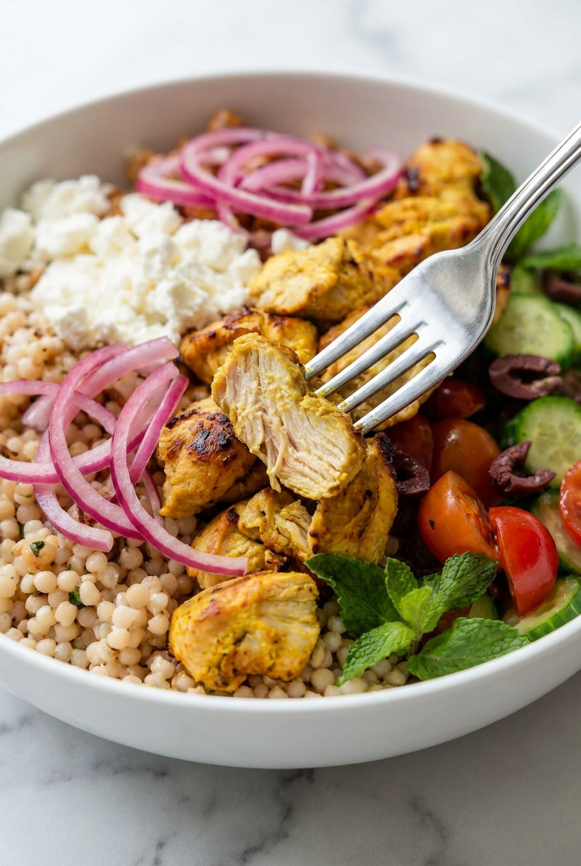 Close-up of a fork lifting a bite of Greek chicken and pearl couscous with creamy tzatziki sauce from a bowl.