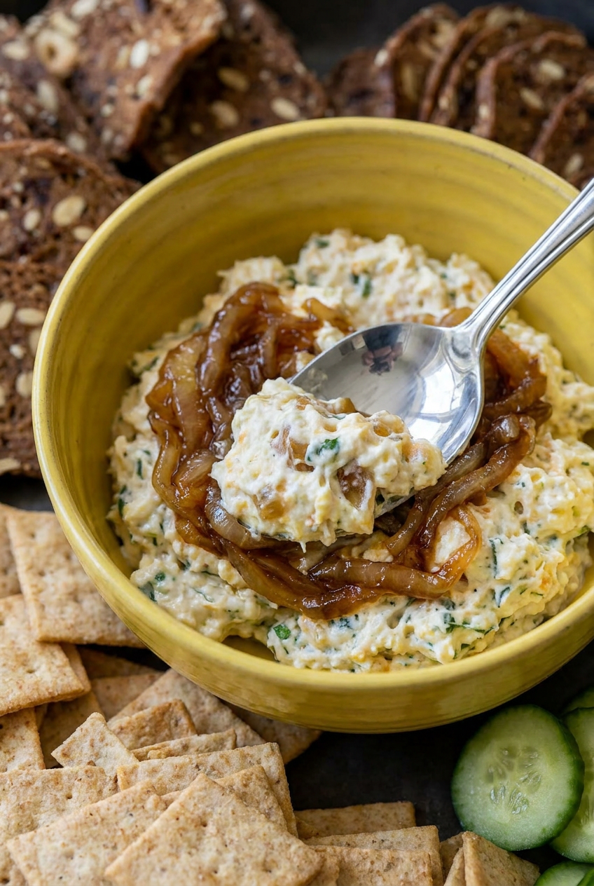 Close-up of golden-brown caramelized onions in a skillet, showcasing their rich color and tender texture, crucial for a great healthy onion dip.