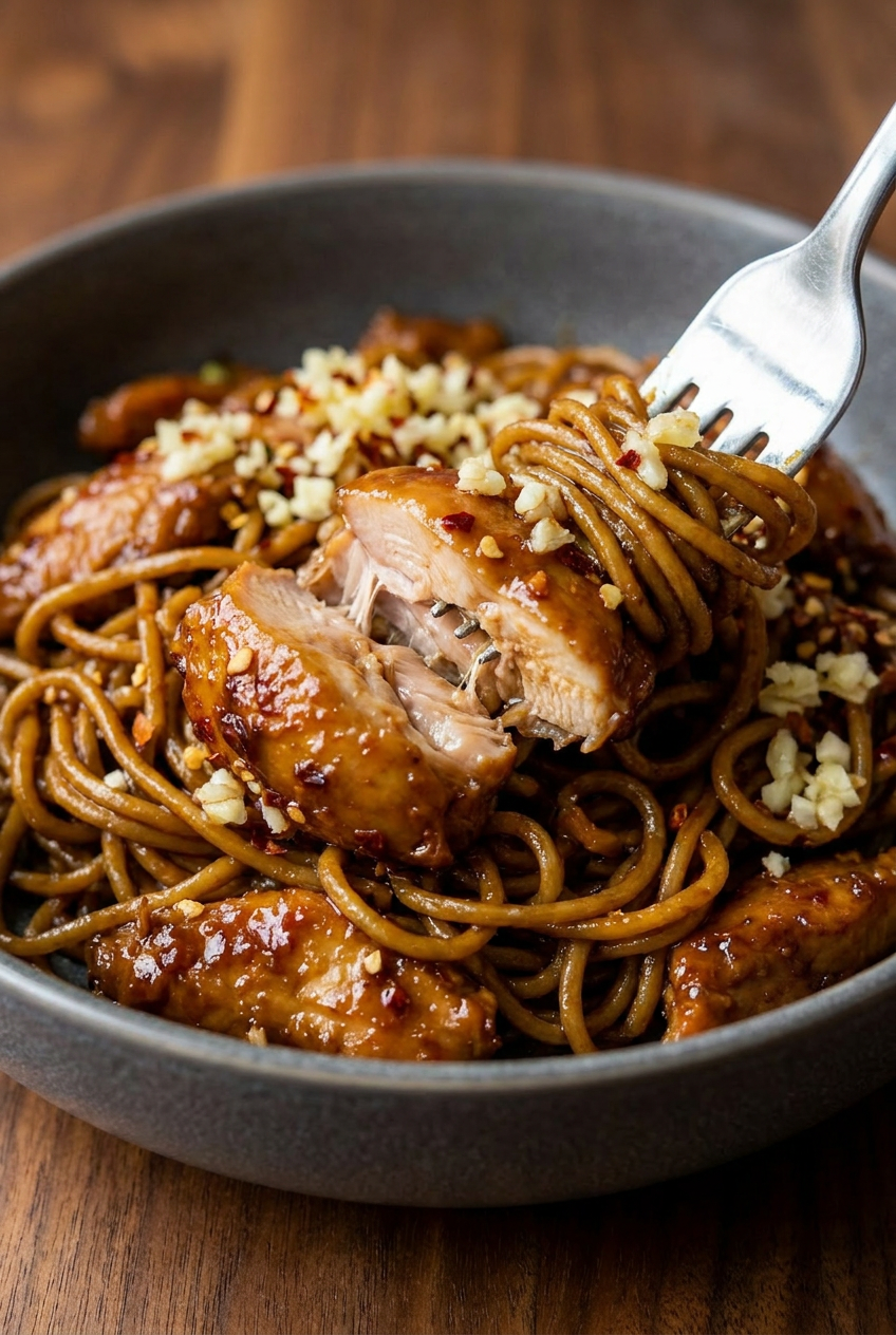 A close-up of sticky chicken noodles, showing how the thick hoisin sauce perfectly coats every piece of chicken and egg noodle.