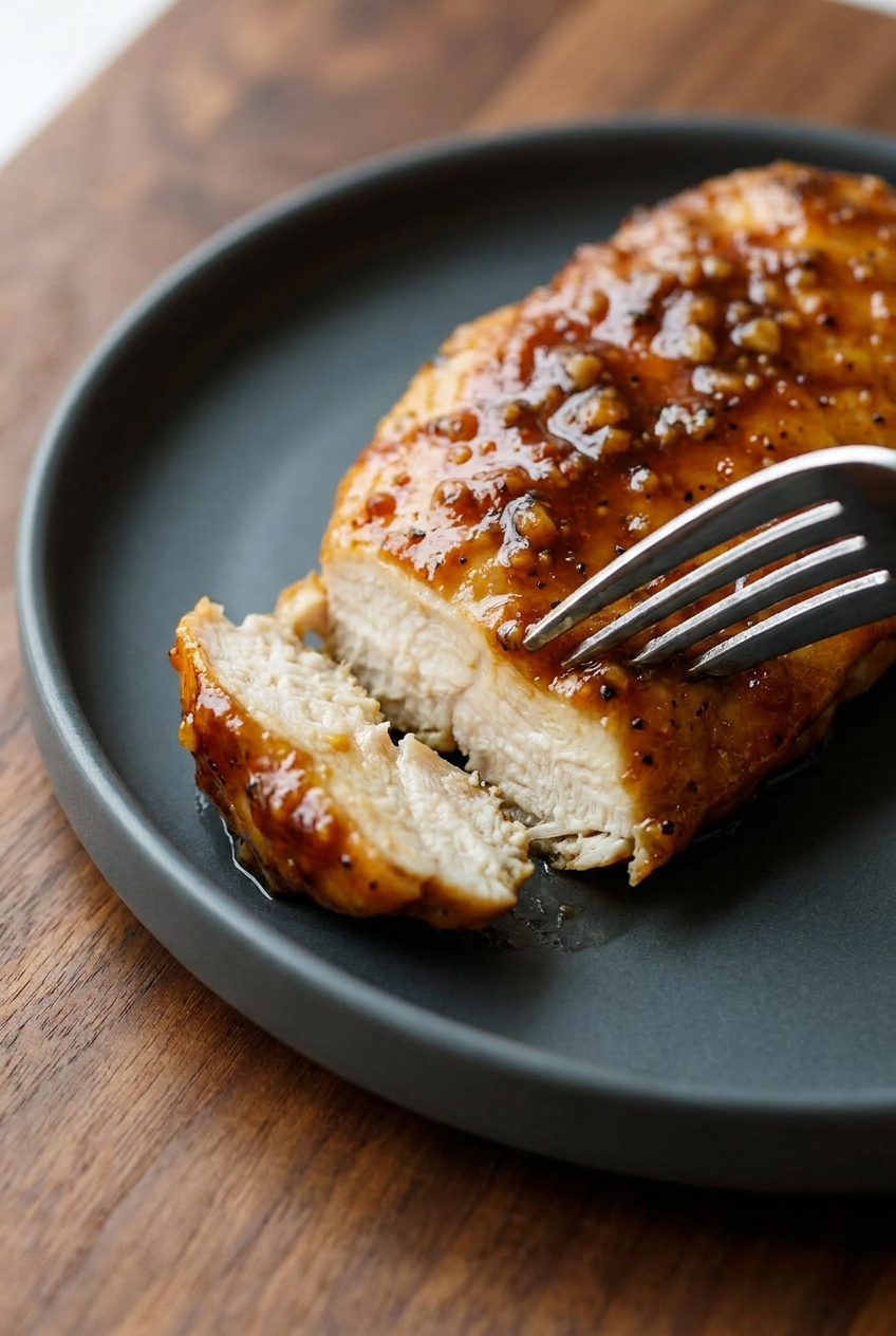 A close-up of a sliced glazed chicken breast, revealing a juicy interior and a sticky, caramelized exterior.