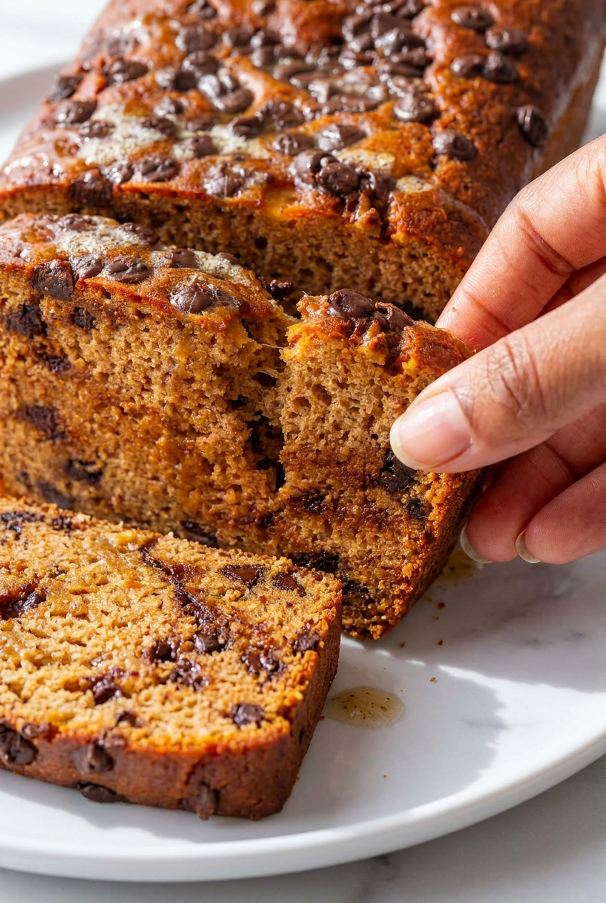 Close-up of a slice of protein banana bread showing its soft, moist crumb and visible flecks of banana.