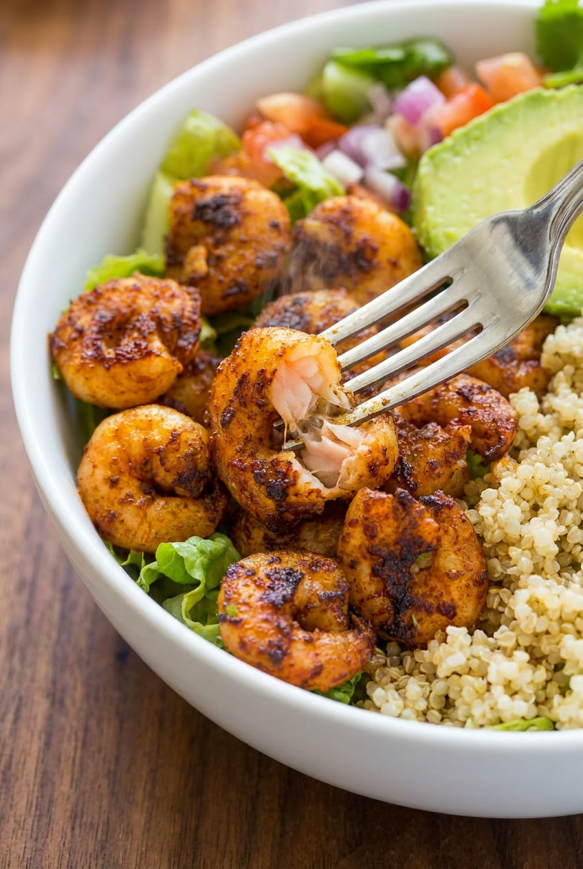 Close-up of Cajun-spiced shrimp searing in a hot skillet, developing a deep golden-brown crust.