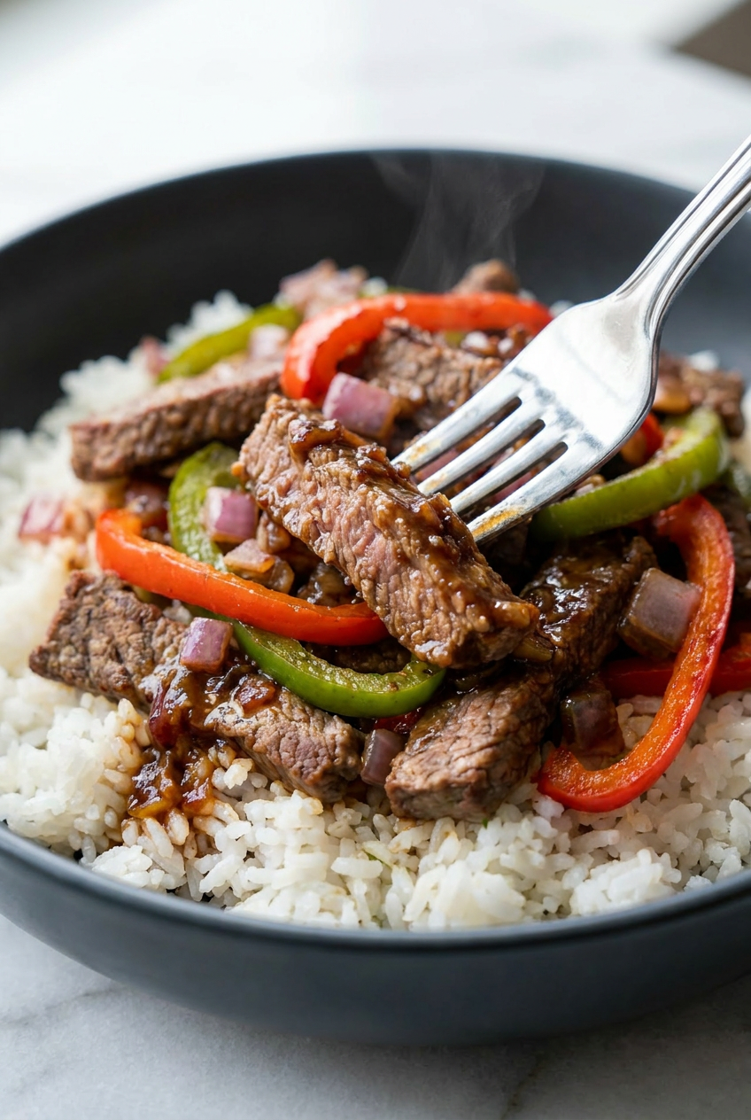 A perfectly plated high protein beef and pepper rice bowl, showing the glossy pan sauce coating the beef and peppers, garnished with fresh green onions.