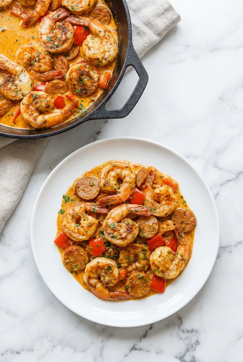 A serving of creamy spicy keto shrimp and sausage skillet plated alongside cauliflower rice, garnished with fresh parsley.