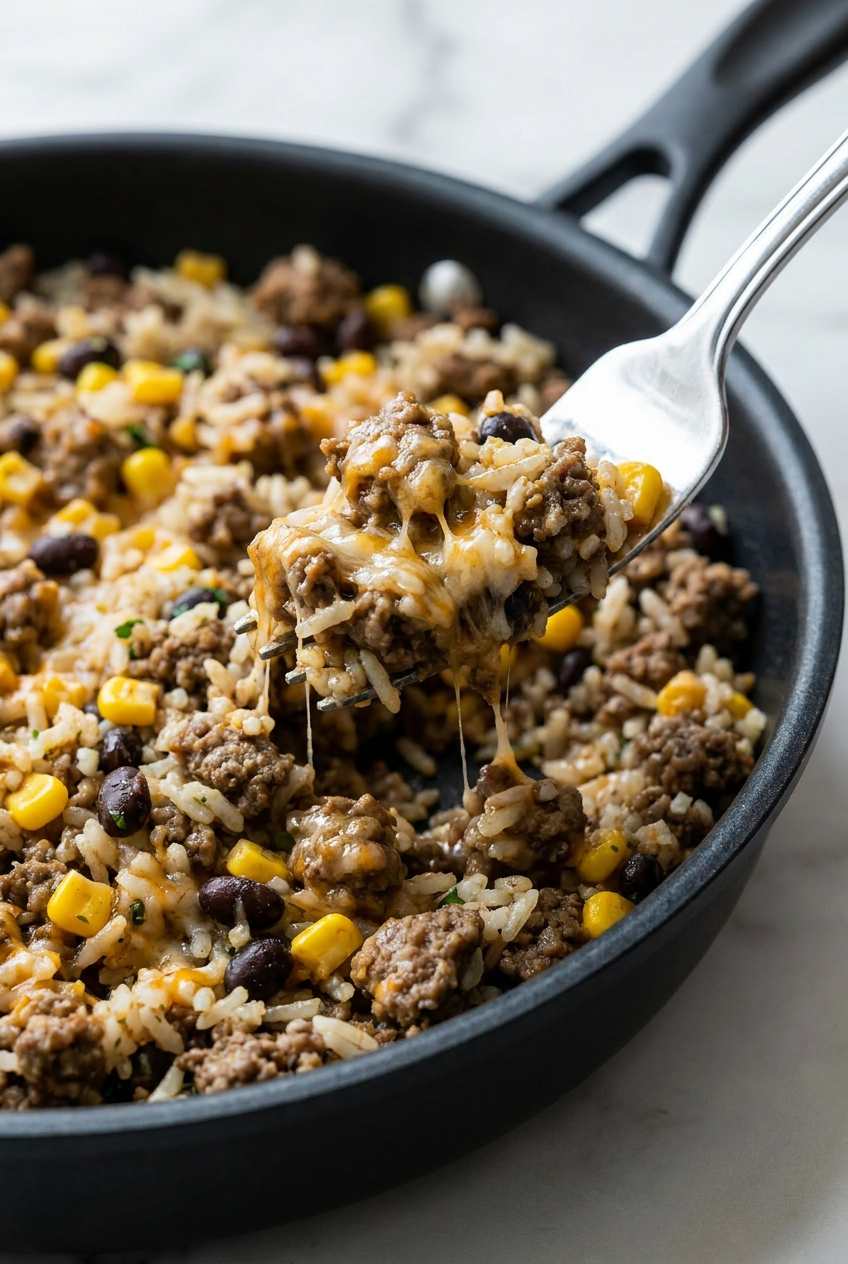 A single serving of the cheesy beef and rice skillet on a plate with a fork, showing the texture of the meat, rice, and beans.