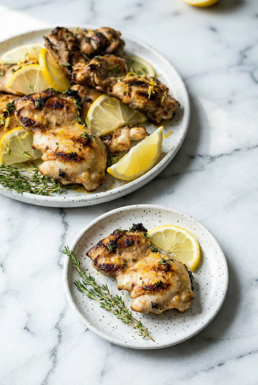 Platter of grilled lemon garlic chicken thighs served family-style with fresh rosemary and lemon wedges.