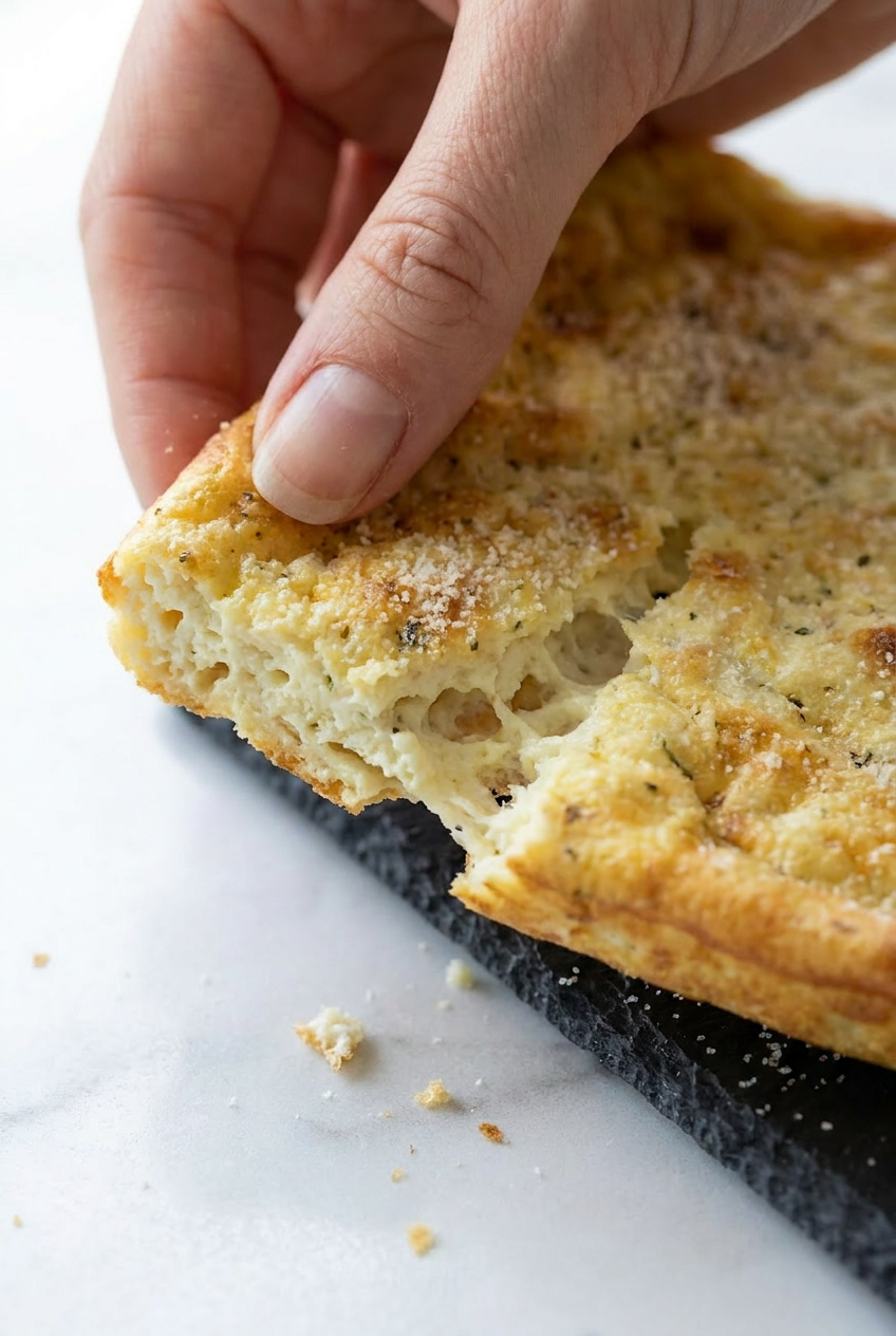 Close-up of a golden-brown, pliable two ingredient cottage cheese flatbread cooling, highlighting its flexible texture and light internal structure.