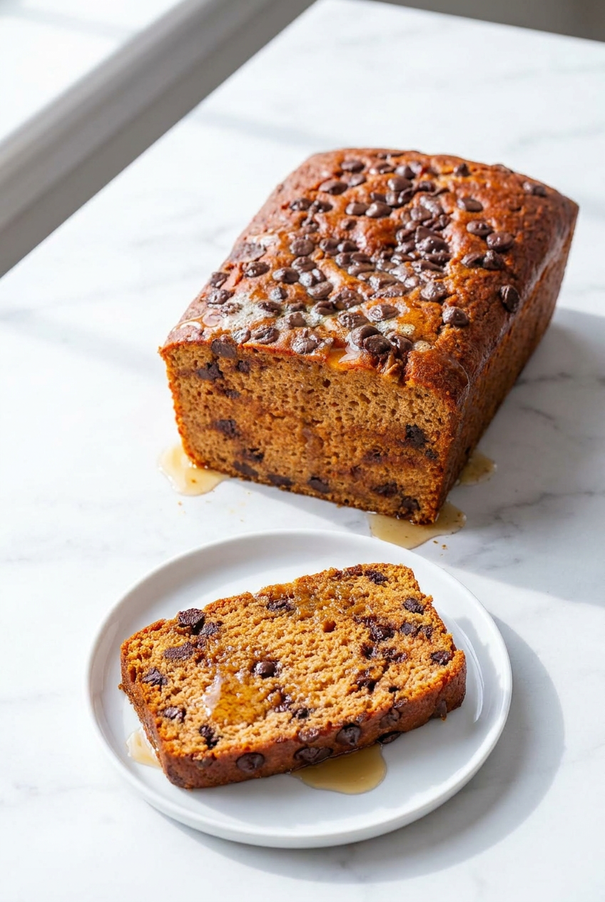 Two slices of protein banana bread served on small plates, ready to be enjoyed as a healthy breakfast or post-workout snack.