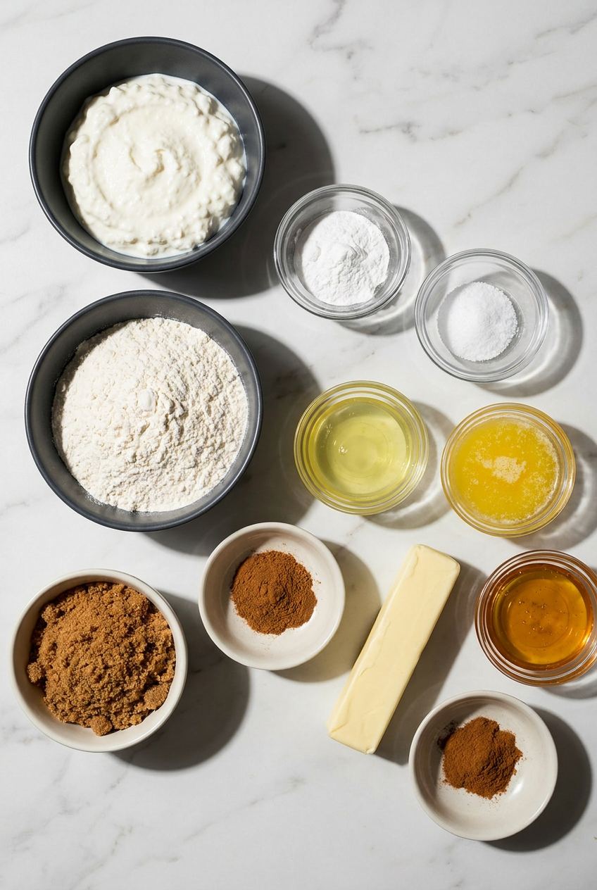 A flat lay of raw ingredients for protein churros, including whey protein powder, cottage cheese, Greek yogurt, and cinnamon sugar.