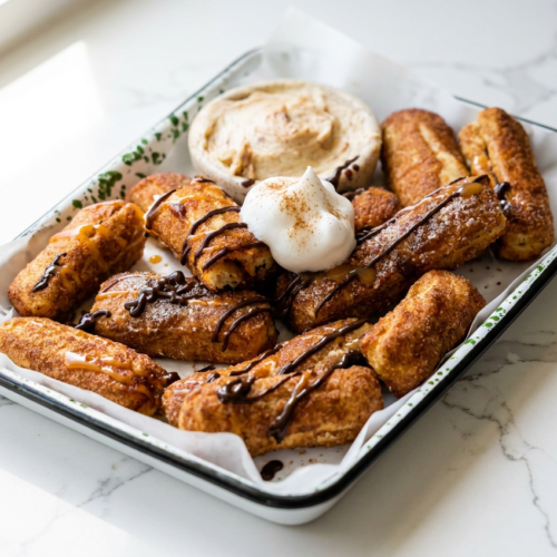 Golden protein churros dusted with cinnamon sugar, arranged on a serving plate with a side of chocolate dipping sauce.