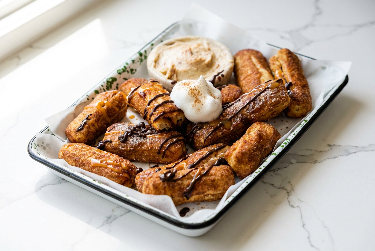 Golden protein churros dusted with cinnamon sugar, arranged on a serving plate with a side of chocolate dipping sauce.