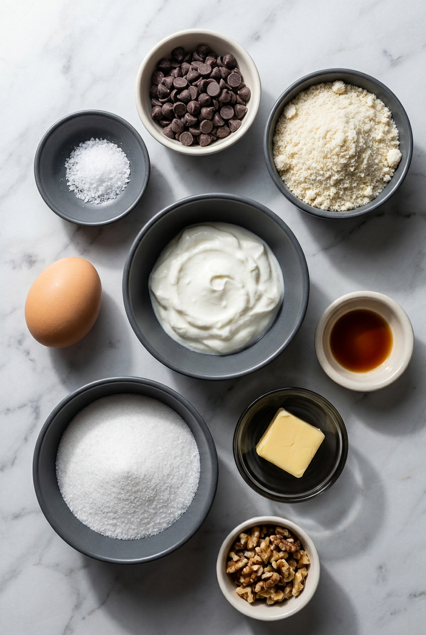 Top-down view of raw ingredients for protein greek yogurt cookies, including almond flour, Greek yogurt, and chocolate chips.