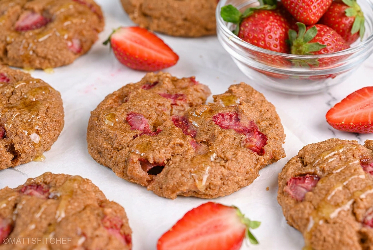 Stack of golden-brown protein greek yogurt cookies, some with melted chocolate chips, on a cooling rack.
