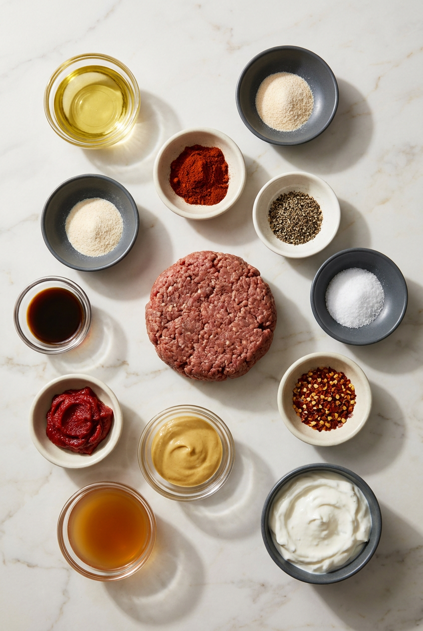 A flat lay of raw ingredients for a high protein burger bowl, including lean ground turkey or beef, romaine lettuce, dill pickles, and cottage cheese.