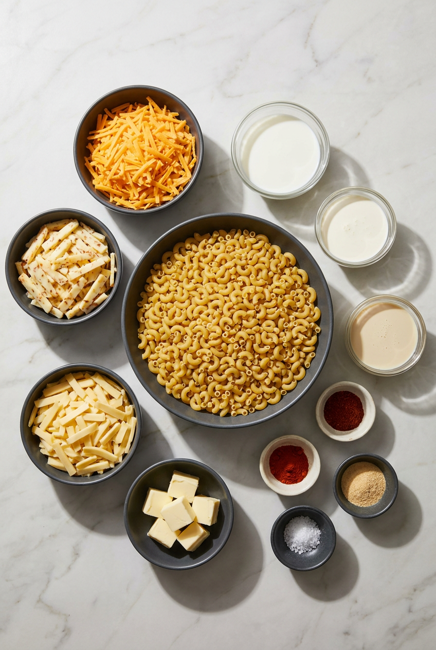 Ingredients for honey bbq chicken mac and cheese laid out, including raw chicken thighs in a bowl, elbow macaroni, a block of cheddar cheese, and buttermilk.