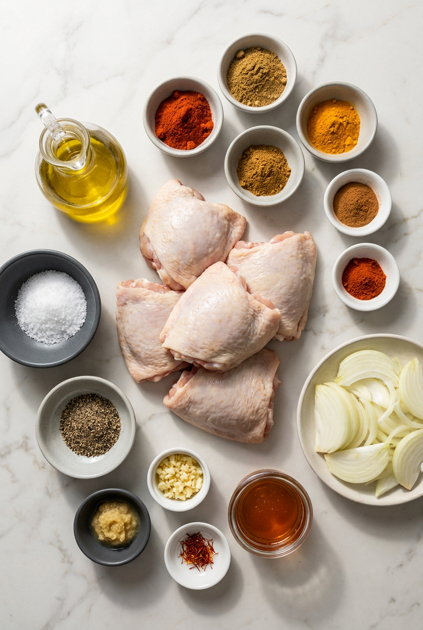 Ingredients for moroccan braised chicken with olives arranged on a surface, including raw chicken thighs, Castelvetrano olives, preserved lemons, saffron, and spices.