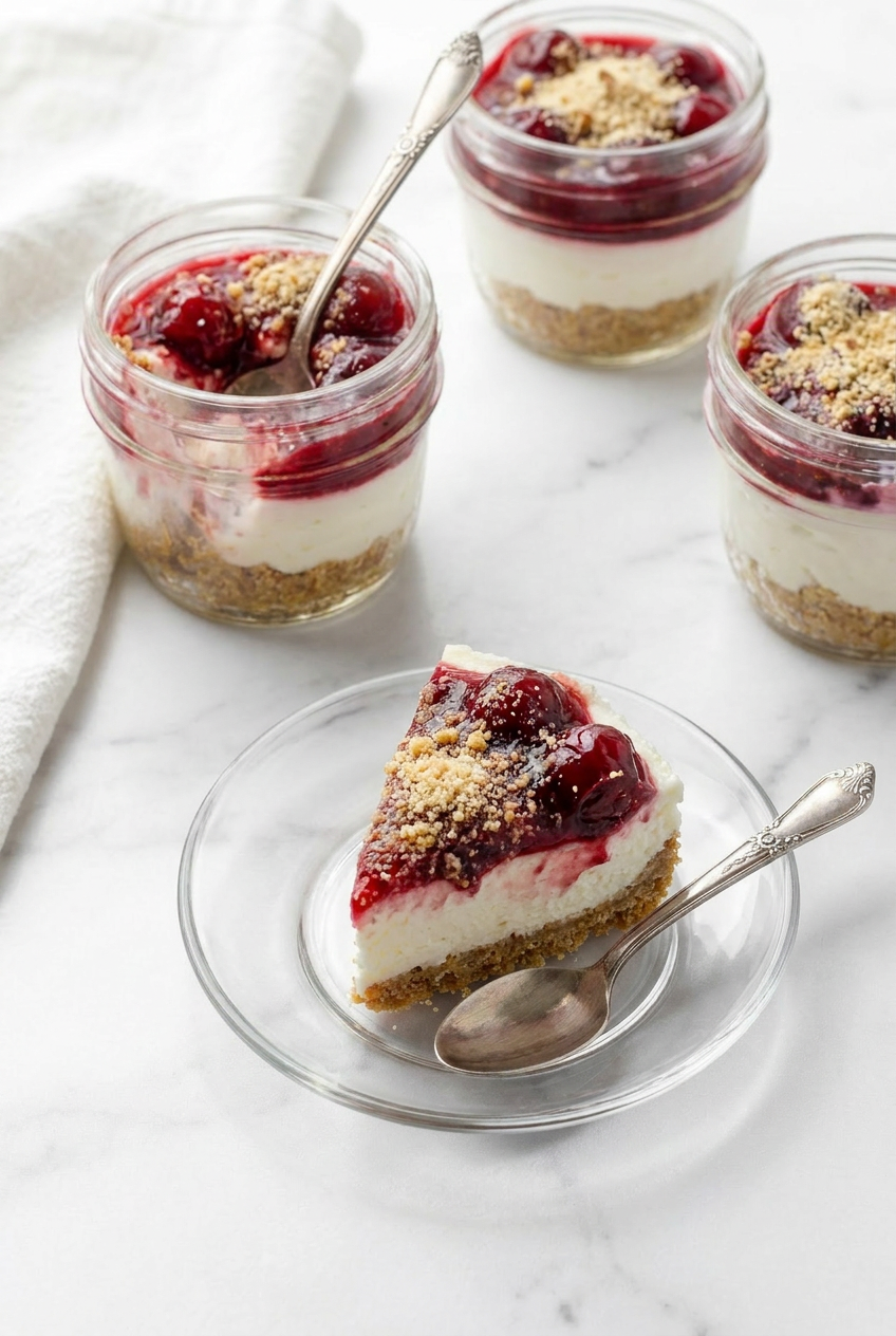 Several cherry cheesecake jars arranged on a tray, ready for serving or easy transport as a single-serving dessert.