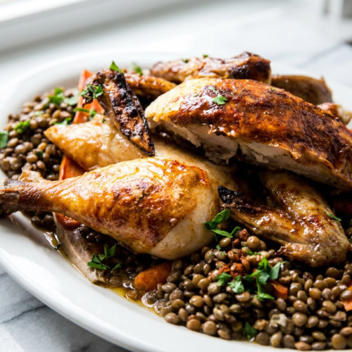 A serving of roast chicken and lentil salad in a shallow bowl, topped with a dollop of Greek yogurt and fresh parsley.