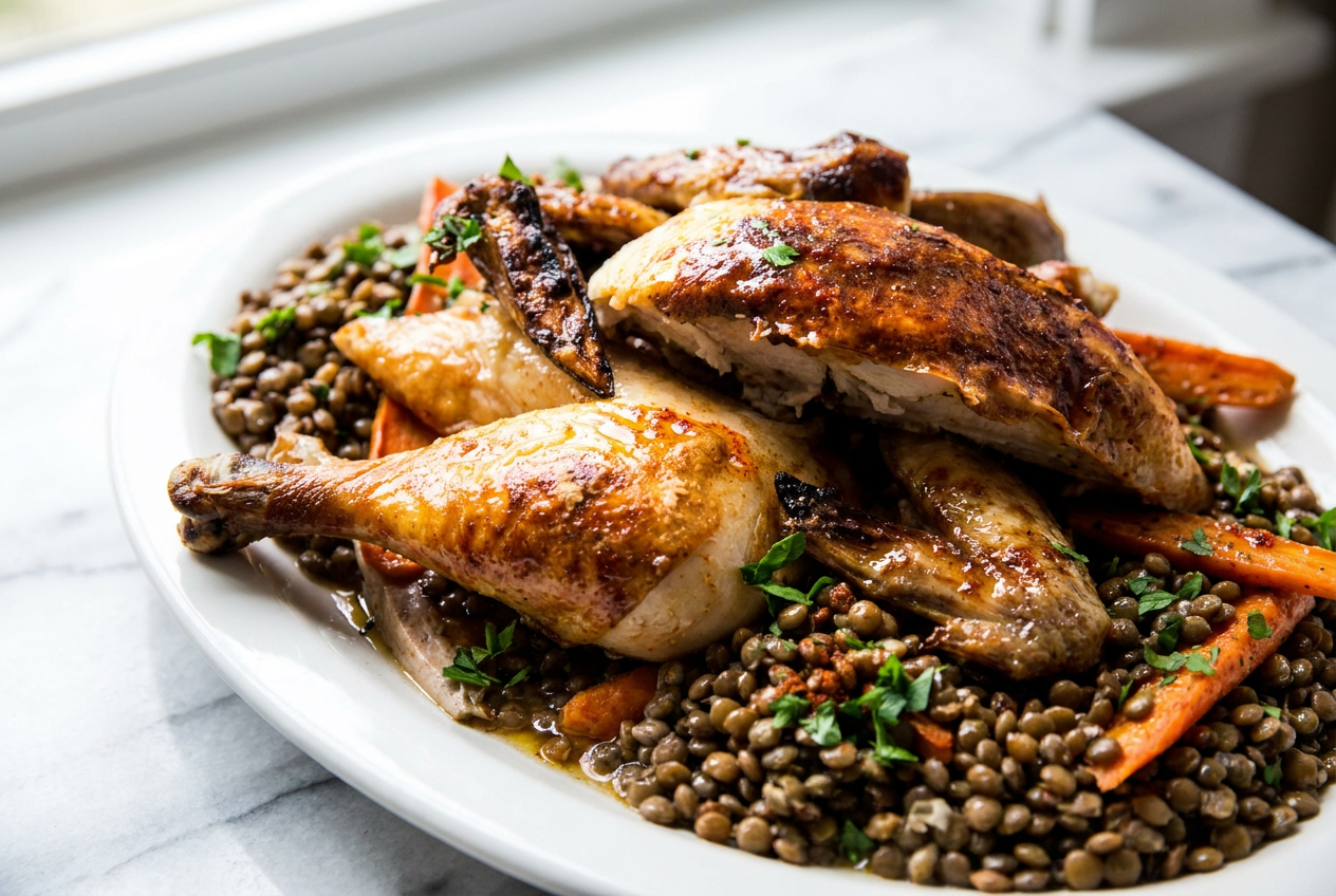 A serving of roast chicken and lentil salad in a shallow bowl, topped with a dollop of Greek yogurt and fresh parsley.