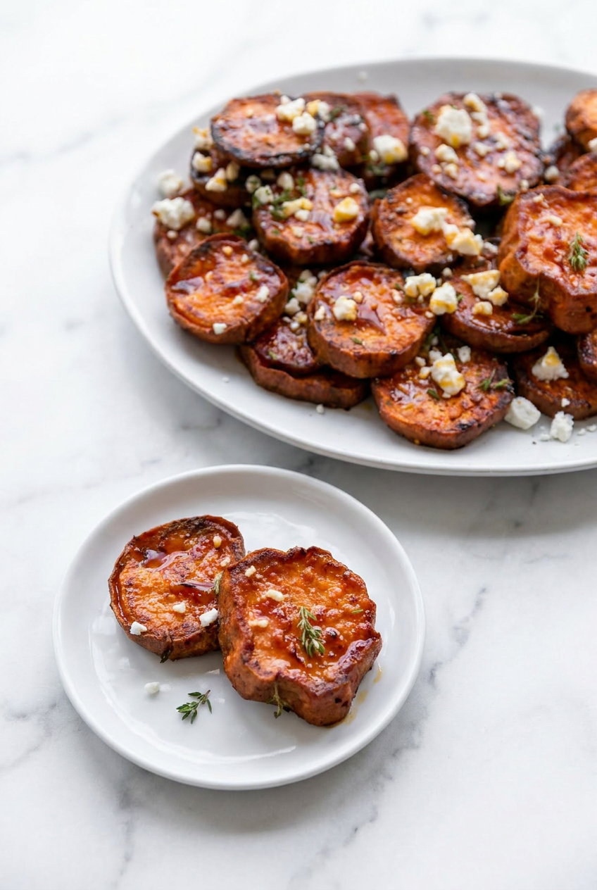 A small plate of roasted sweet potato rounds topped with honey feta, fresh green herbs, and a dark balsamic drizzle, ready to serve.