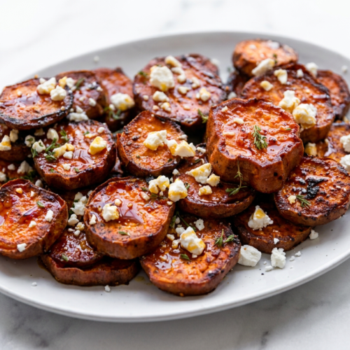 Roasted sweet potato rounds with honey feta, fresh green herbs, and a dark balsamic glaze drizzle on a white serving plate.