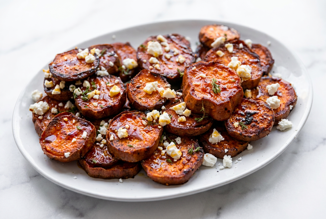 Roasted sweet potato rounds with honey feta, fresh green herbs, and a dark balsamic glaze drizzle on a white serving plate.