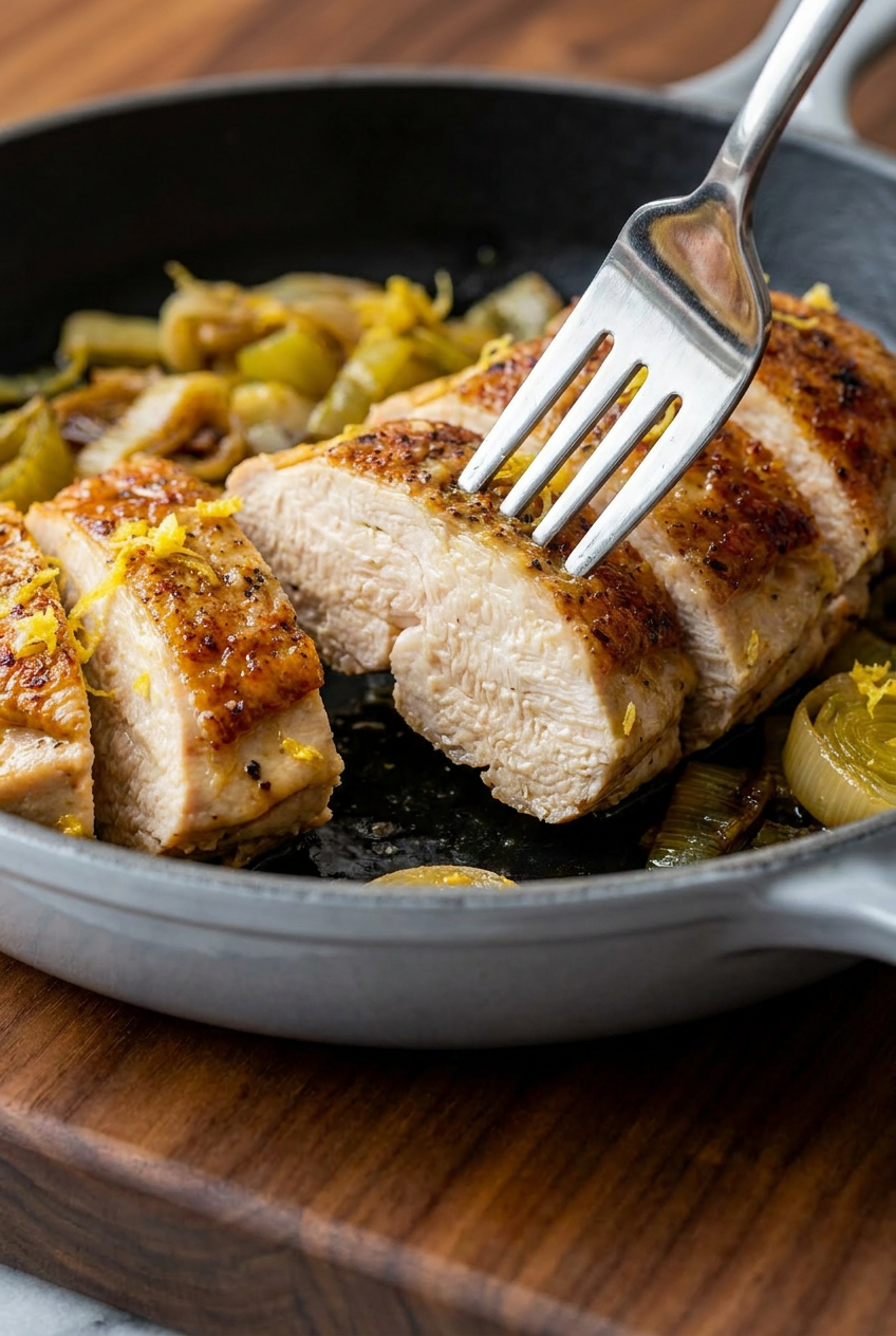 Chicken thighs searing skin-side down in a hot cast-iron skillet until golden brown and crispy.