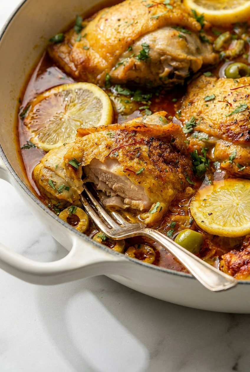 Close-up of golden-brown seared chicken thighs simmering in a bubbling sauce with olives and spices in a pan.