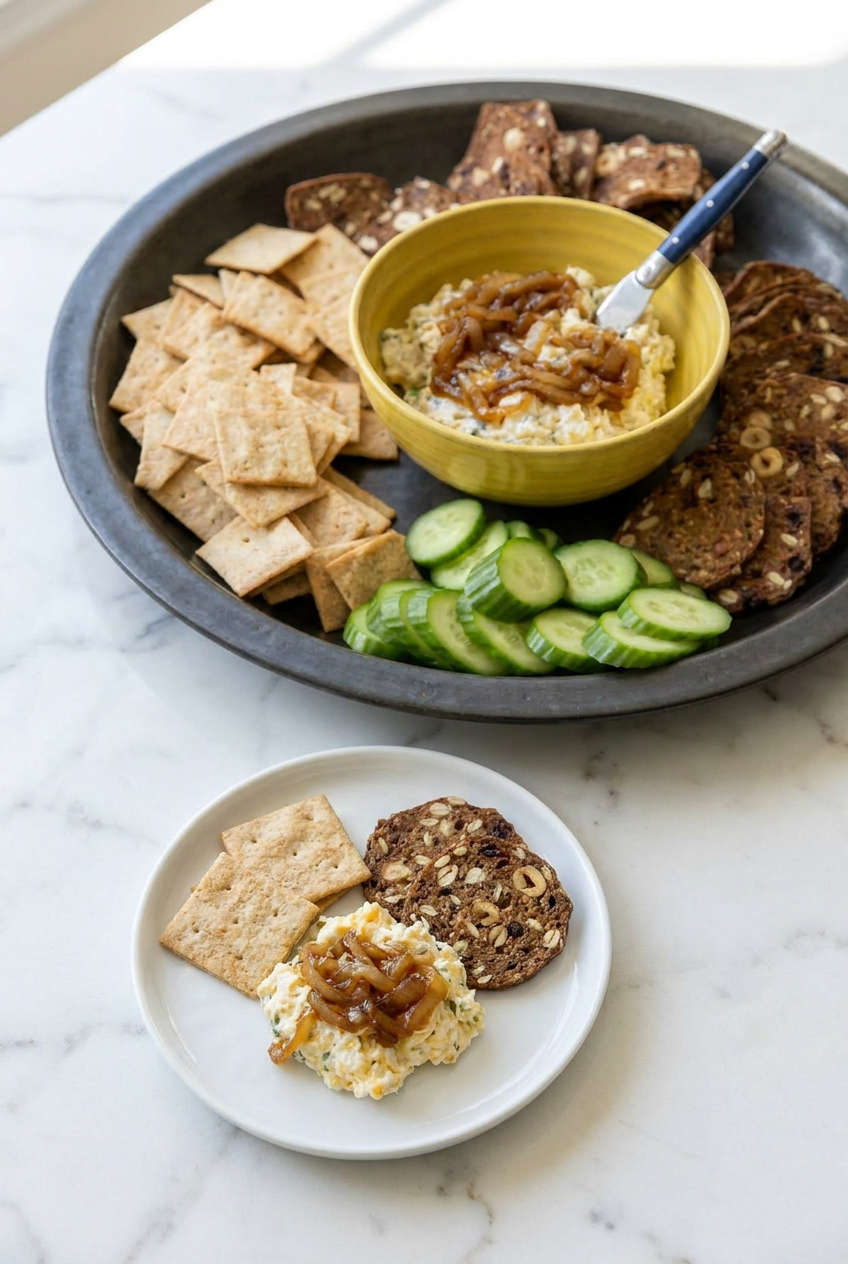A prepared bowl of healthy greek yogurt onion dip with various dippers like pita chips and vegetable sticks, ready for serving.