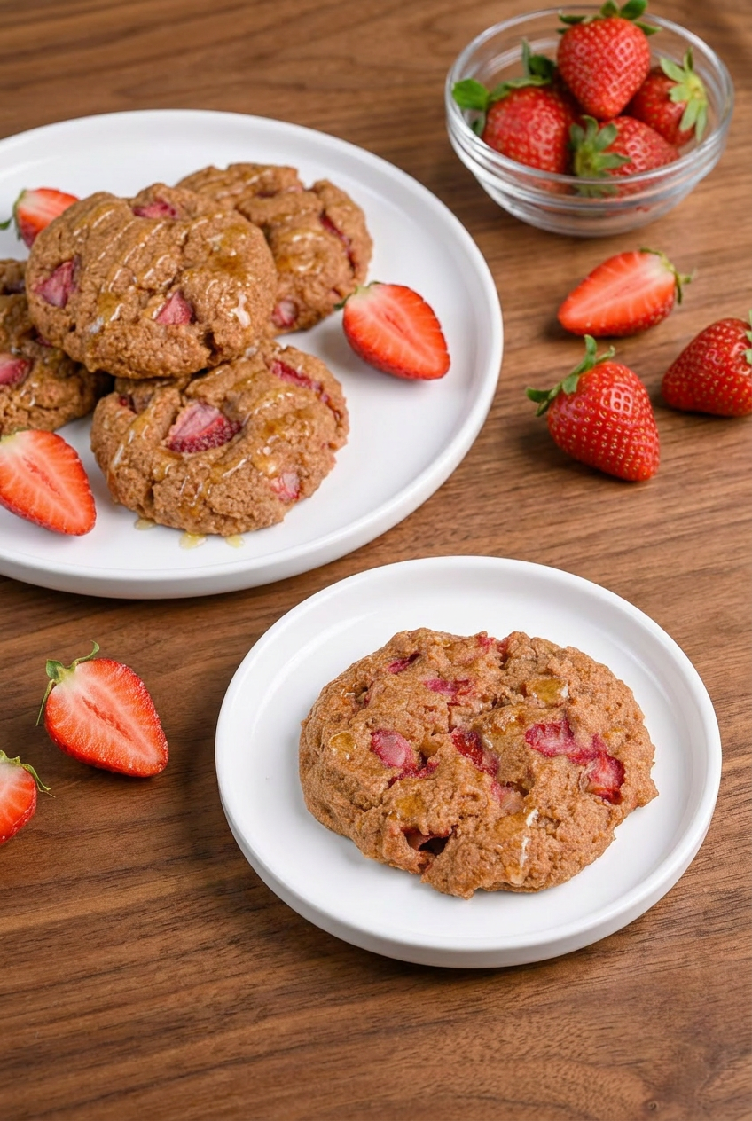 Protein greek yogurt cookies neatly stacked on a small plate next to a glass of milk, ready for serving.