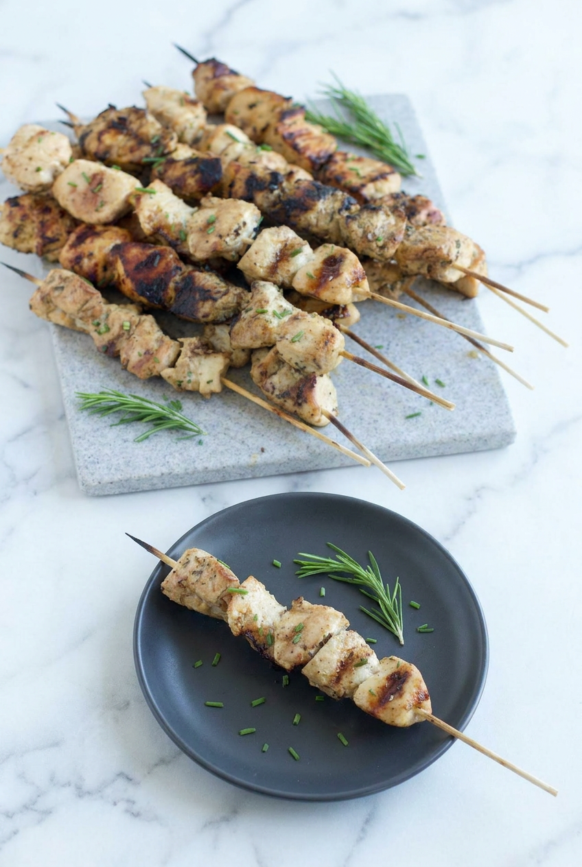 A platter of rosemary ranch chicken kabobs served with a side of roasted potatoes and a small bowl of dipping sauce.