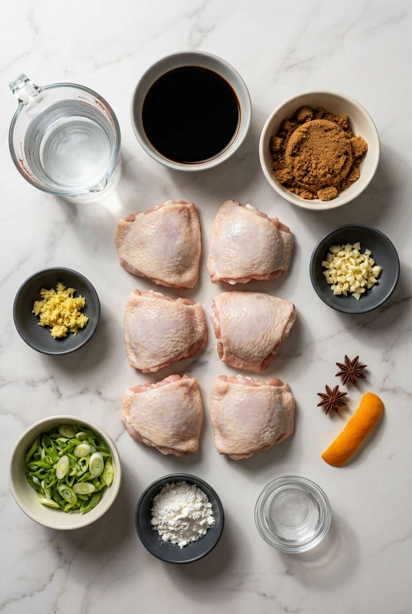 Ingredients for shoyu chicken arranged on a surface, including bone-in chicken thighs, soy sauce, brown sugar, garlic, ginger, whole star anise, and a strip of orange peel.