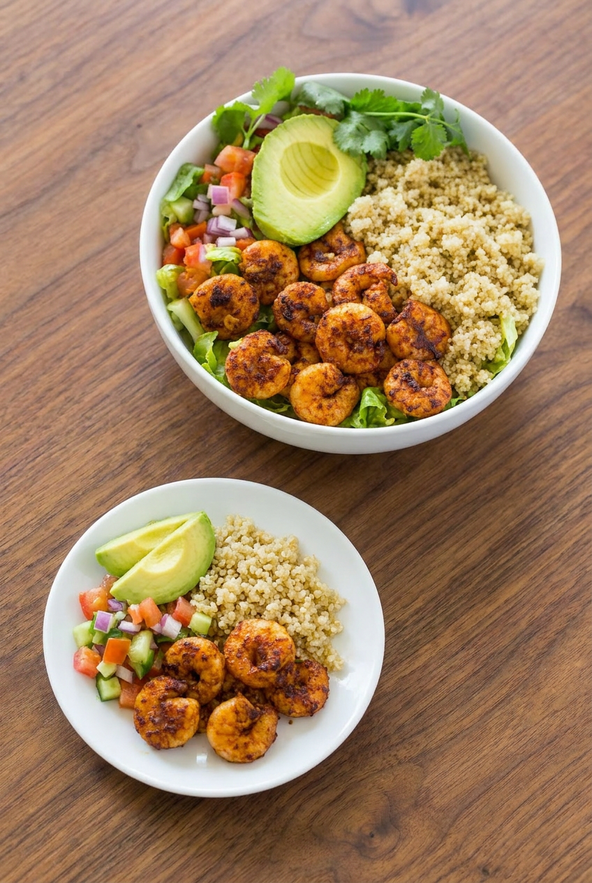 A meal prep container layered with romaine lettuce, quinoa, and seared Cajun shrimp, with sliced avocado on the side.