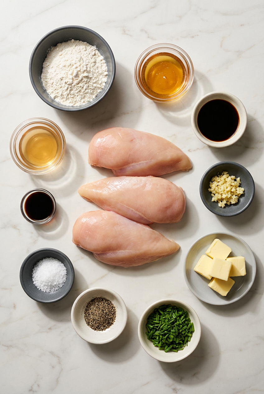 Ingredients for glazed chicken laid out, including raw chicken breasts, honey, soy sauce, vinegar, and a small bowl of butter.